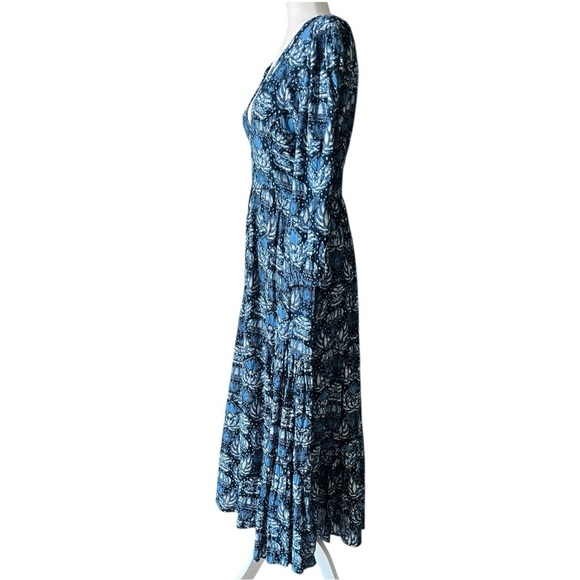 CAROLINE CONSTAS Blue Printed Size Medium Cotton Boho Midi Low V Neck Dress - Picture 4 of 12